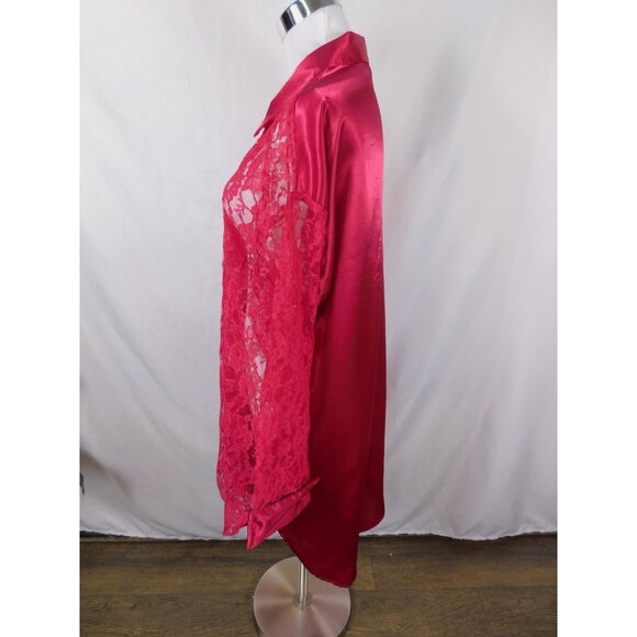 Victoria's Secret Sleep Shirt Womens Medium Large Red Lace Satin Button Front - Picture 5 of 12